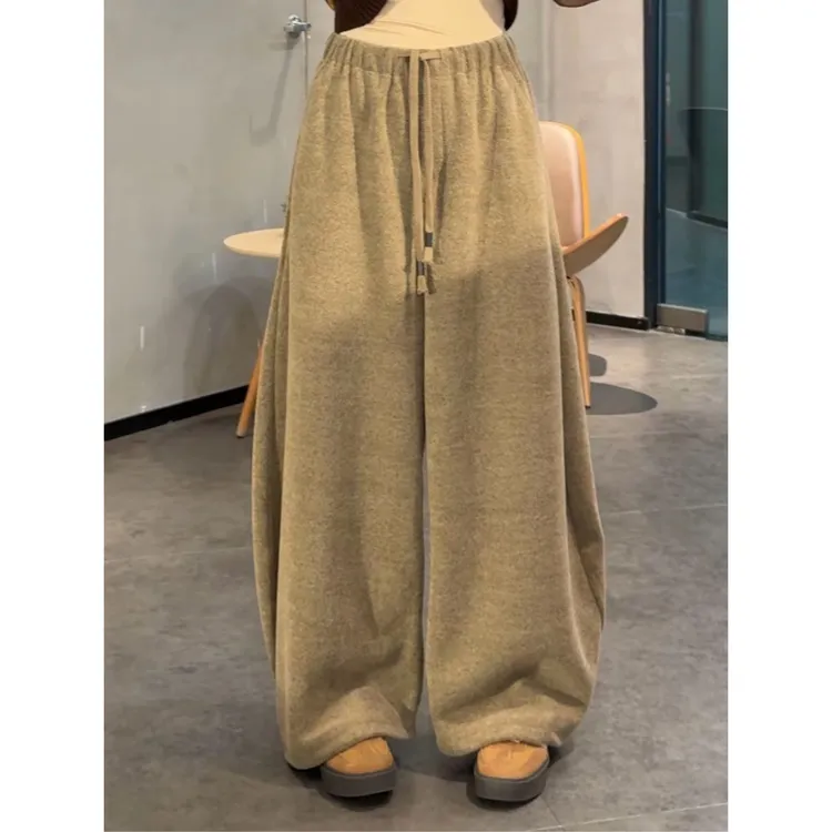 加绒慵懒直筒奶奶裤女秋冬大码胖mm百搭高腰宽松显瘦阔腿拖地长裤