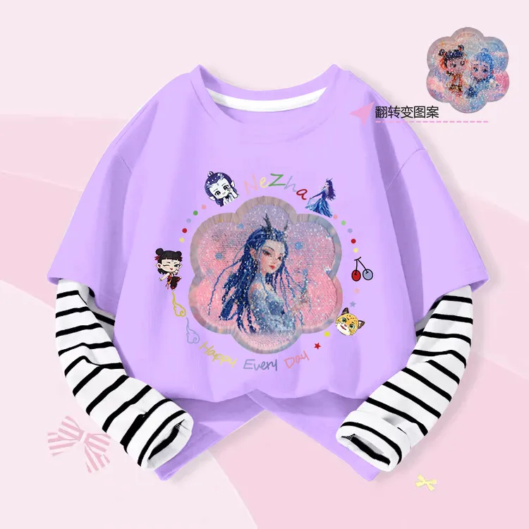 女童纯棉长袖T恤春秋装哪吒亮片儿童假两件国潮洋气女孩打底上衣