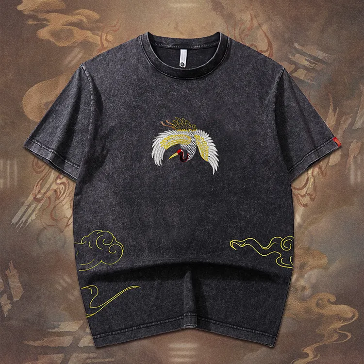 (仙鹤)夏季新款高级仙鹤刺绣t恤男中国风国潮纯棉水洗短袖T恤  