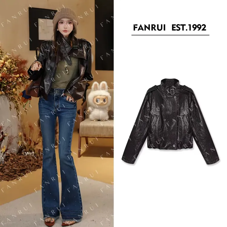 FANRUI/泛芮「贝贝biuu」裂纹复古洋气高级感百搭皮衣外套女B18434