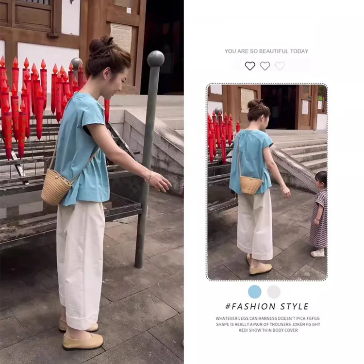 盐系轻熟蓝色上衣阔腿裤套装女夏炸街减龄时尚高级感小洋装两件套