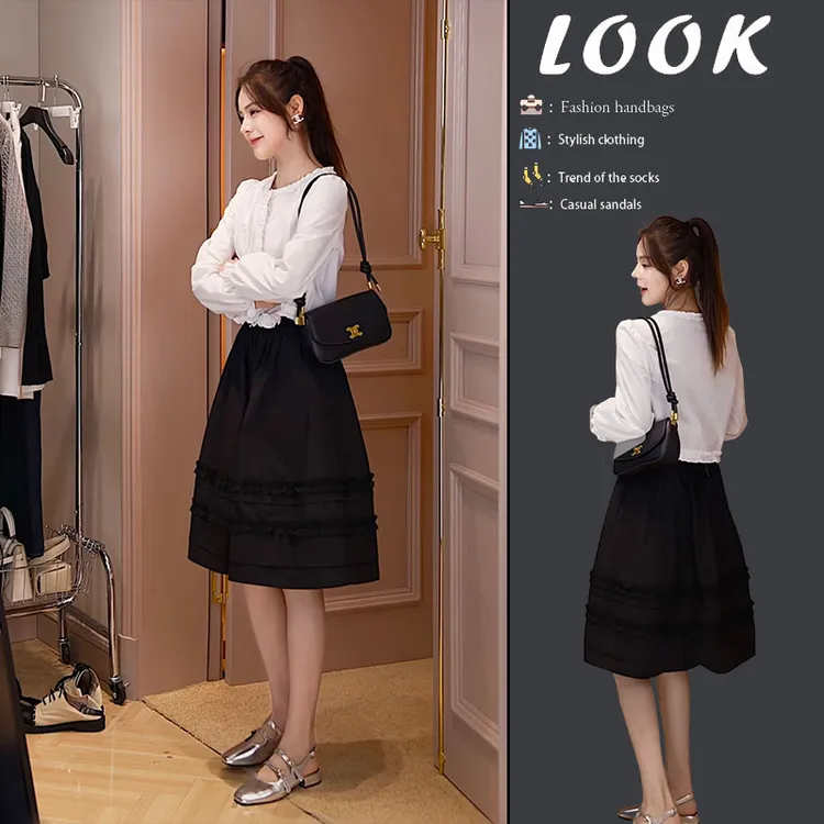 韩系穿搭2025早春新款简约洋气减龄花边长袖上衣高腰半身裙两件套