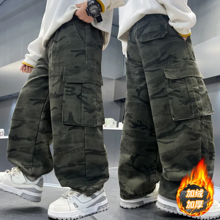【加绒/不加绒】男童迷彩工装裤2025秋冬新款中大童痞帅阔腿裤子