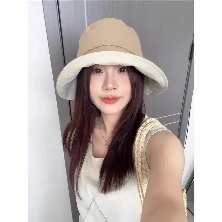 日系大帽檐拼色渔夫帽子女夏季薄款出游防晒遮阳帽百搭盆帽潮