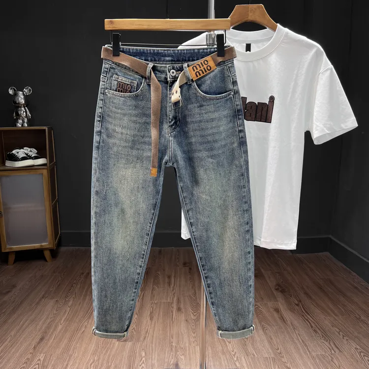 裤子男破洞补丁牛仔裤男修身休闲弹力潮流牛仔裤男小脚裤男九分