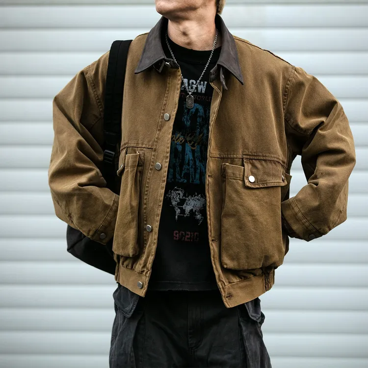 美式复古巴恩风立体大口袋工装外套男水洗做旧拼接翻领短款夹克潮