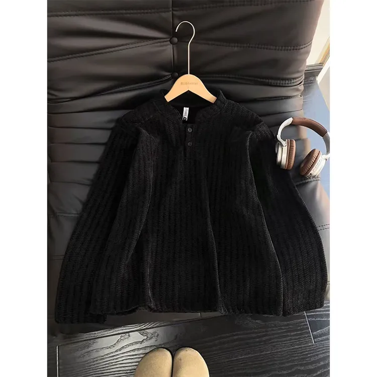 亨利领卫衣男新款秋季鱼骨纹纽扣长袖t恤黑白拼色条纹美式打底衫