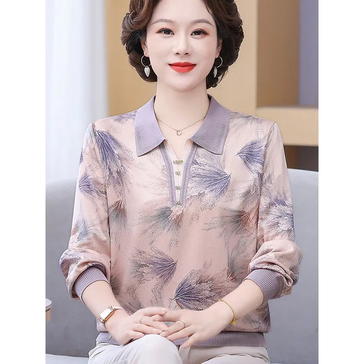 中老年女秋款薄恤打底小衫2025年妈妈装春秋季新款长袖印花上衣