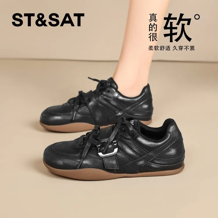 星期六黑色德训鞋女秋季2025新款黑色真皮低帮板鞋时尚软底休闲鞋