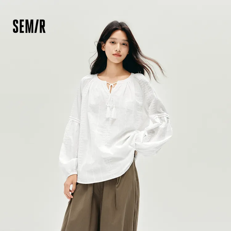 森马长袖衬衫女流苏刺绣波西米亚风时尚秋新款白色宽松灯笼袖衬衣