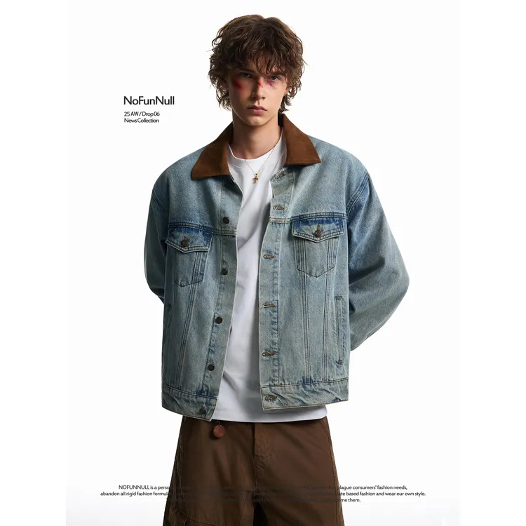 NOFUNNULL 美式拼色麂皮绒翻领水洗牛仔外套男秋季短款bomber夹克