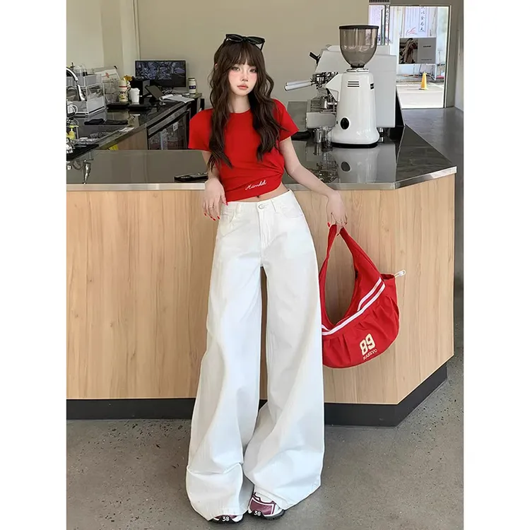 NORNLGGER春秋白色宽松阔腿高腰牛仔裤女显瘦垂感拖地长裤子潮