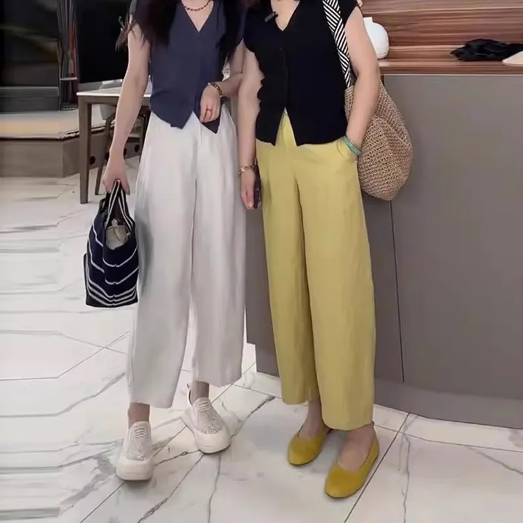2025新款夏季薄款松紧高腰天丝亚麻宽松显瘦百搭休闲阔腿奶奶裤女
