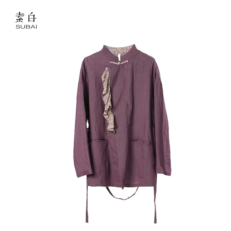 素白SB2411DT00687苎麻时尚百搭撞色印花衬衫