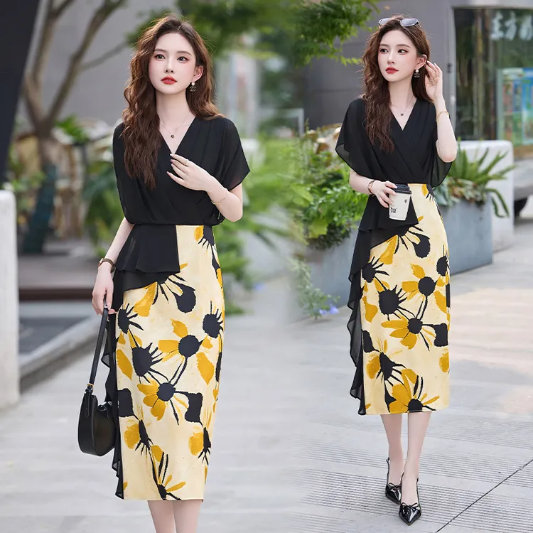 高端洋气印花雪纺假两件连衣裙女夏季流行收腰显瘦遮肚裙子夏135