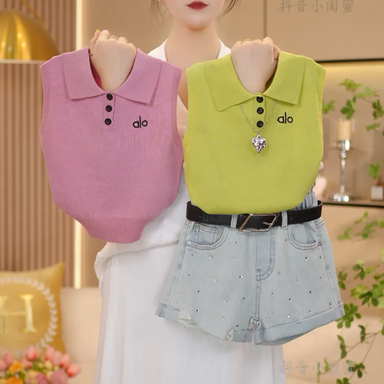 女童2025夏季新款POLO领针织背心+亮钻牛仔短裤套装-8554