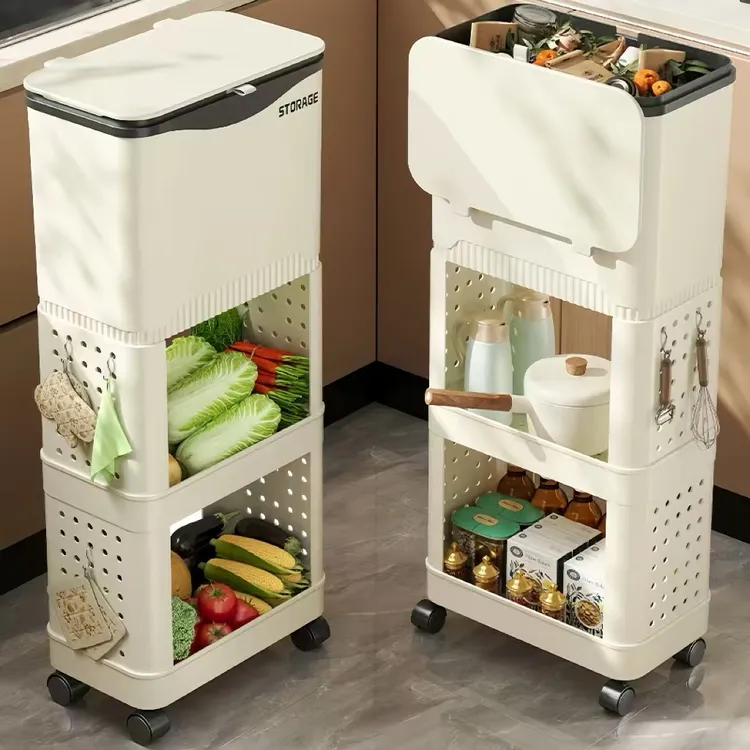 厨房垃圾桶置物架多层带轮收纳架大容量带盖卫生桶可移动储物架