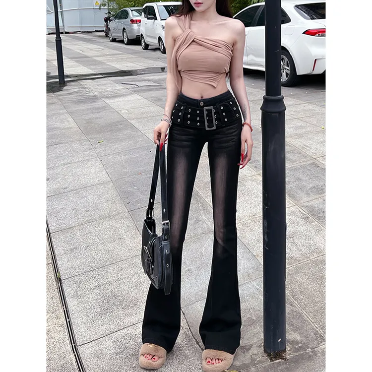 黑色渐变微喇牛仔裤女2025秋季新款高腰设计感修身显高喇叭长裤