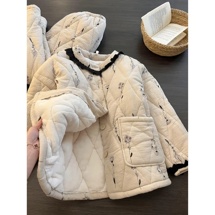 韩版三层夹棉加绒睡衣女秋冬季新款加厚棉服保暖家居服套装可外穿