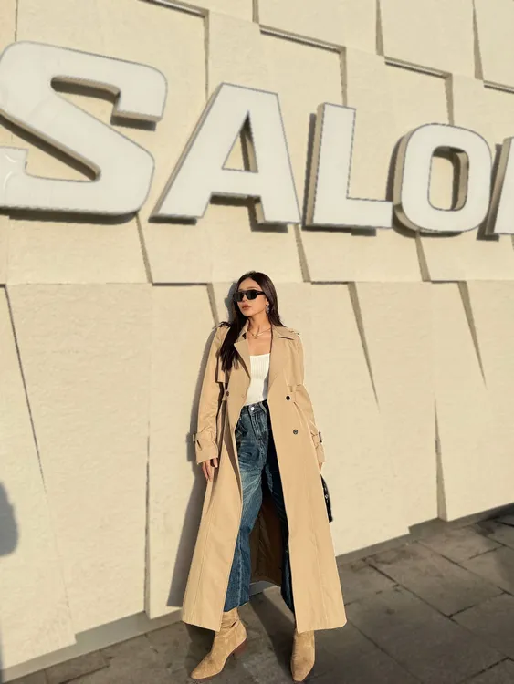 Elnur 气质长款少女风西装领宽松风衣牛仔中长款百搭翻领