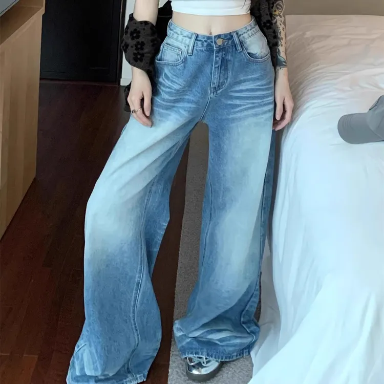 苹果·梨专属7061水洗高腰秋季蓝色高腰拖地牛仔裤复古百搭设计感宽松阔腿裤女