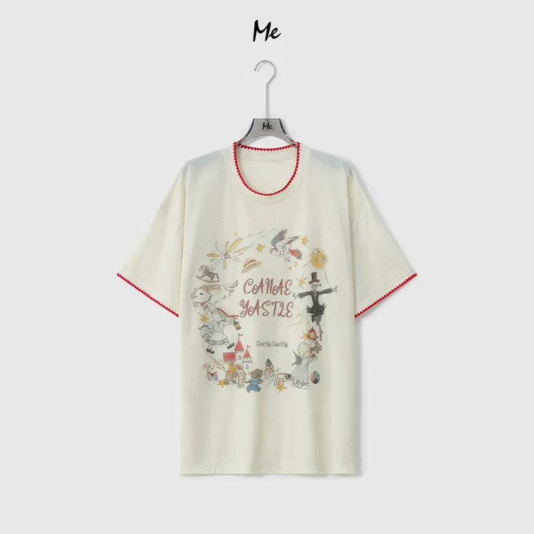 ME【哈尔的移动城堡】天然亚麻罗马秀卡通印花时尚百搭T恤MEHS4773