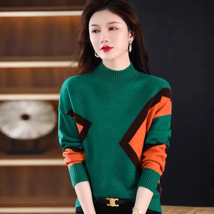 女羊绒衫时髦时尚洋气冬季2025新款拼色针织衫半高领秋冬毛衣短款
