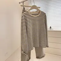 韩系条纹圆领长袖T恤女秋冬宽松大版休闲百搭套头内搭上衣打底衫