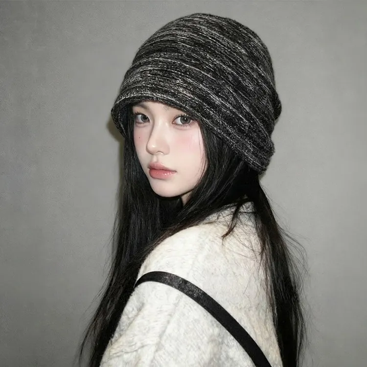 品质含羊毛大头围褶皱堆堆帽女秋冬季显脸小包头冷帽针织毛线帽