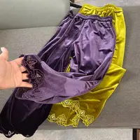 【秋风清】（裤长97）中国风秋季女士丝绒直筒裤文艺秋季休闲花边长裤