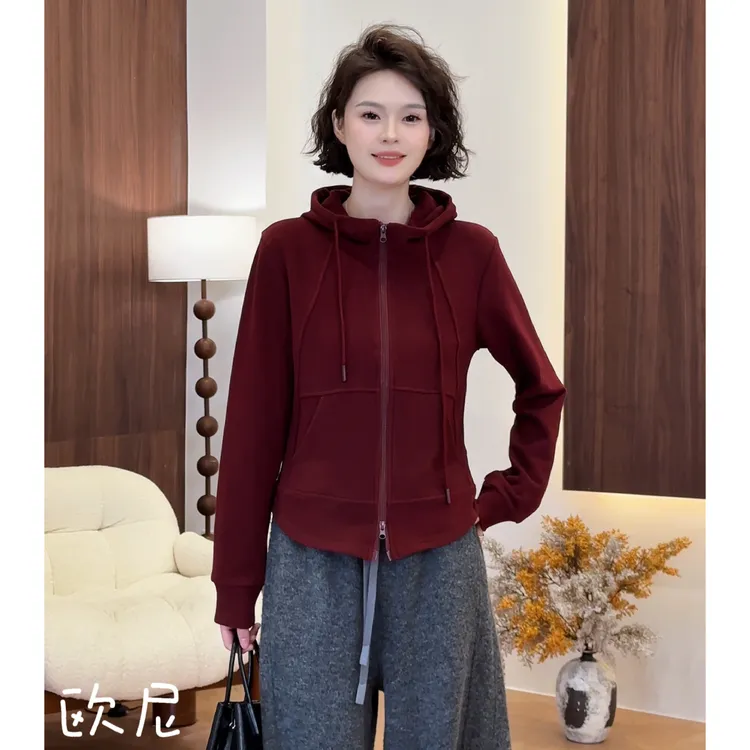 欧尼私服 2025秋季新款双拉链修身长袖连帽卫衣休闲上衣2510C6595