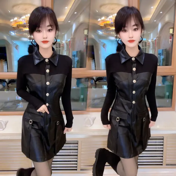 女装2025冬季新款时尚百搭长袖连衣裙皮裙拼接设计感气质显瘦潮