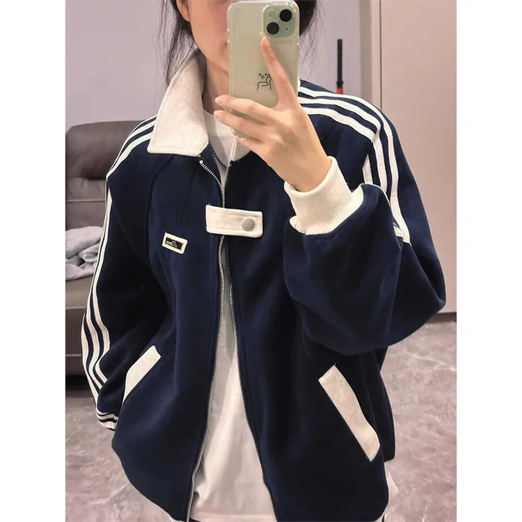 美式三条杠拼接翻领夹克男款春秋季学院风开衫卫衣情侣棒球服外套