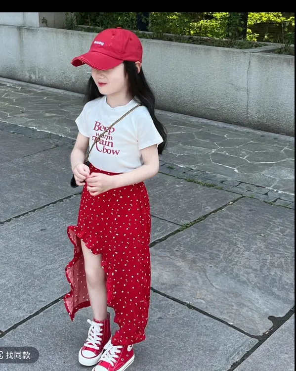 女童洋气度假套装轻薄白色短袖红色前开叉裙子时髦休闲半身长裙潮
