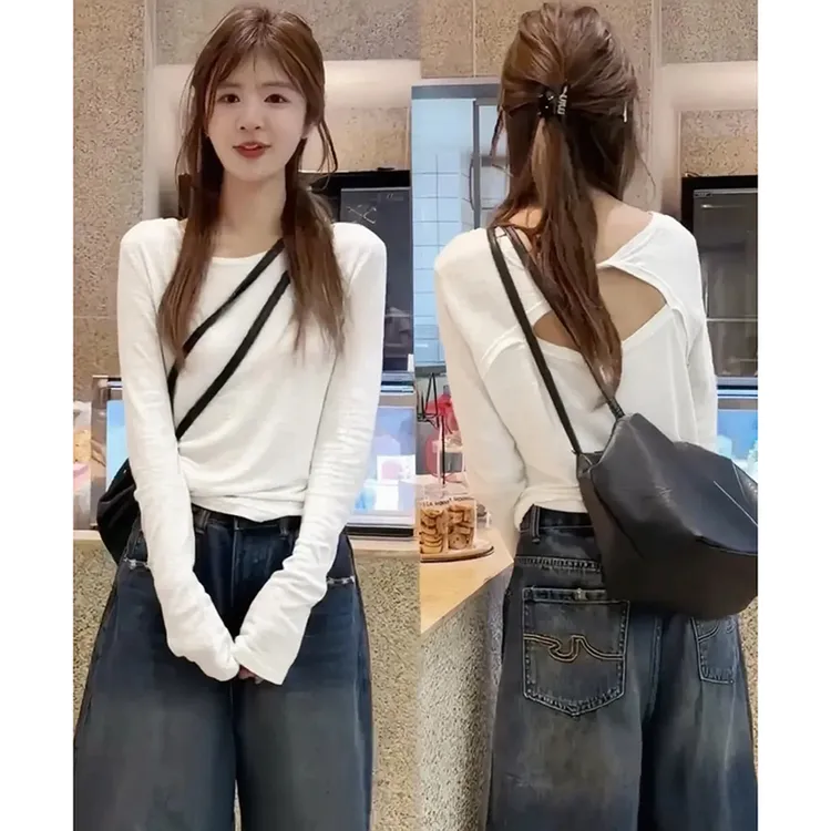 灰色长袖T恤女内搭早秋季2025新款设计感小众辣妹露背打底衫上衣