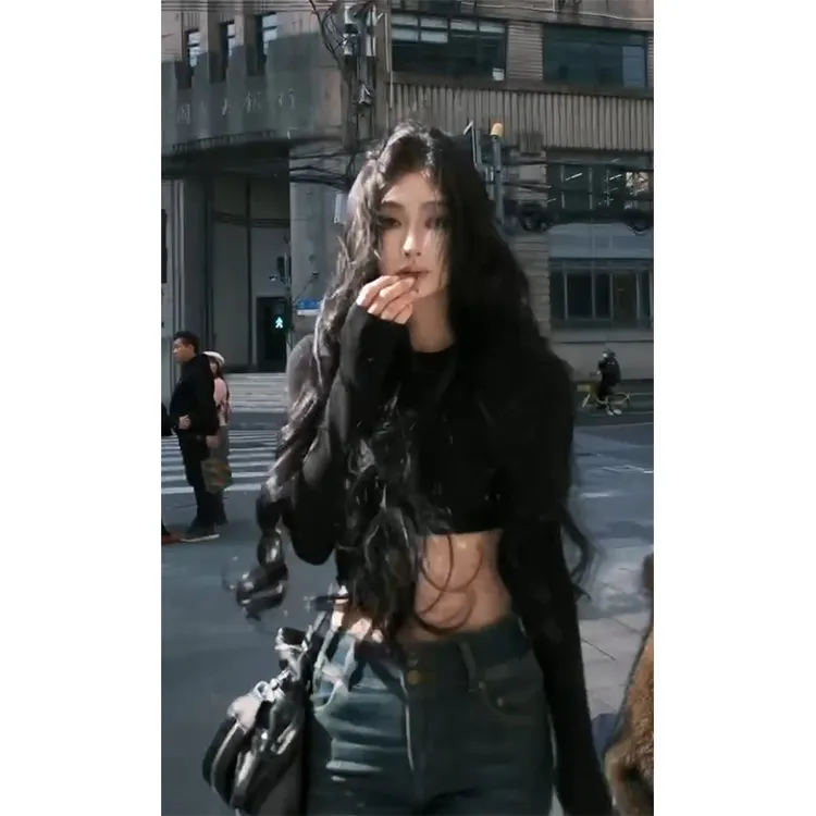 2025春季新款镂空绑带内搭打底衫纯欲性感露背上衣高腰休闲牛仔裤