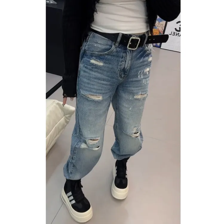 春季高腰休闲牛仔裤女夏季洋气百搭显瘦宽松破洞直筒裤
