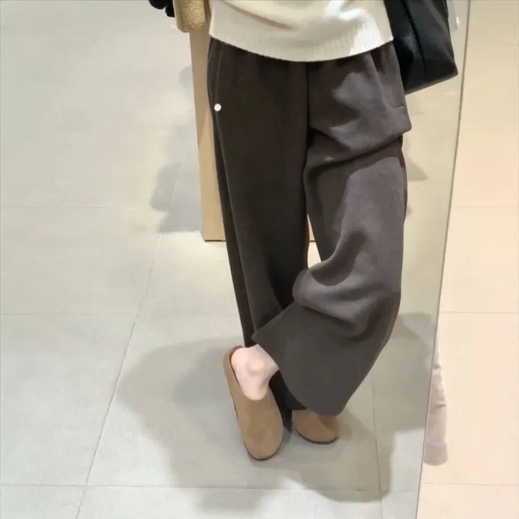 秋季新款加绒加厚磨毛阔腿裤女ins遮跨显瘦韩系简约百搭休闲长裤