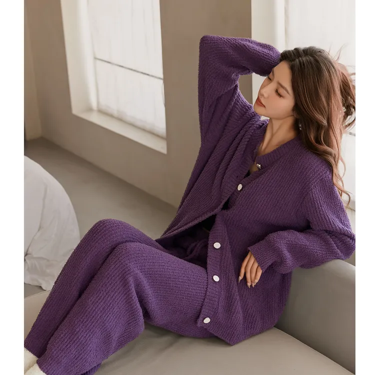 美腾软绵绵睡衣女士冬季长袖毛绒保暖半边绒家居服紫色珊瑚绒套装