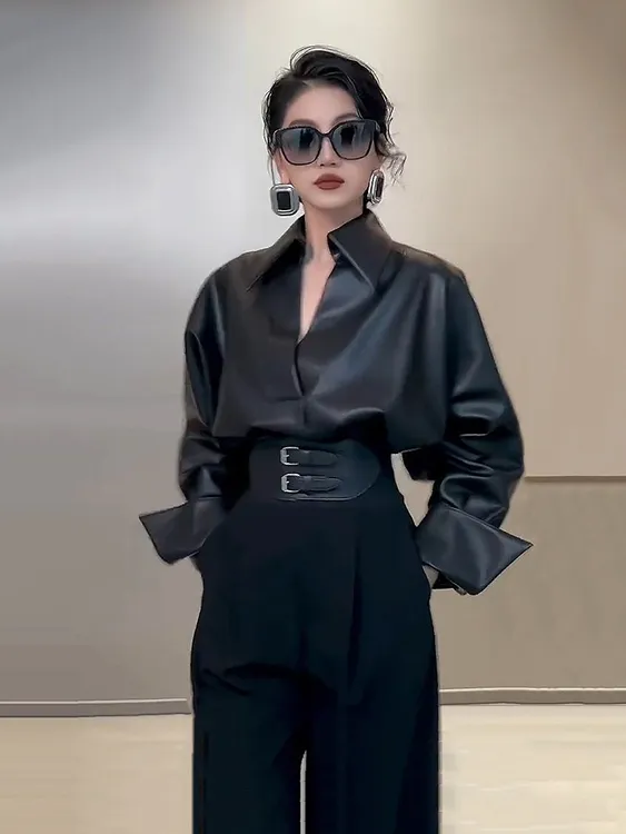 炸街高级气质时尚女装黑色皮衣+黑色阔腿裤两件套薄款长款超好看