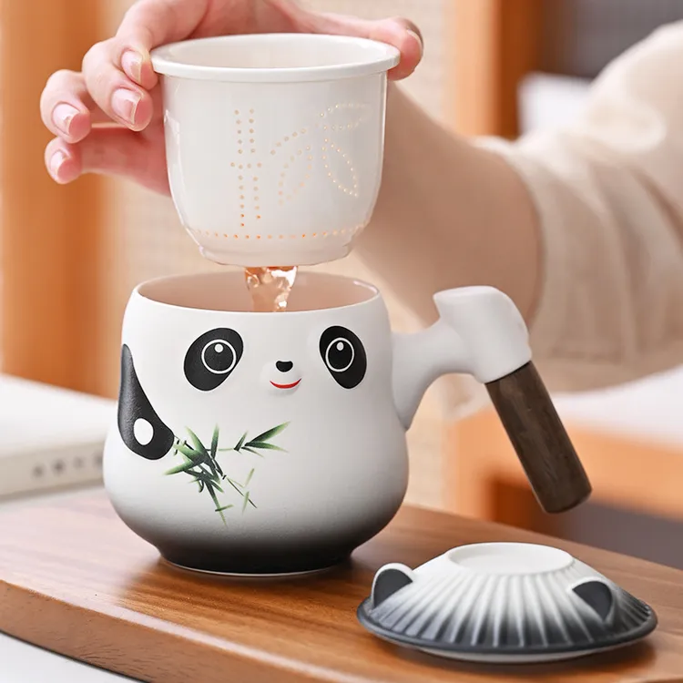 熊猫办公杯茶水分离带过滤泡茶杯杯大号主人杯日式个性带盖杯茶具