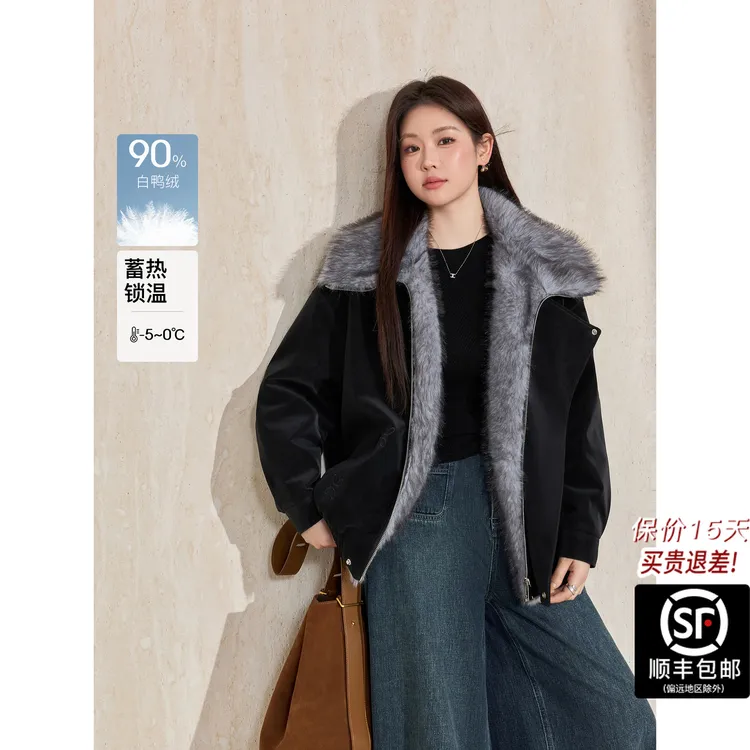 蓝语大码女装羽绒服保暖外套仿皮毛一体冬白鸭绒蓄热重工绣花轻装