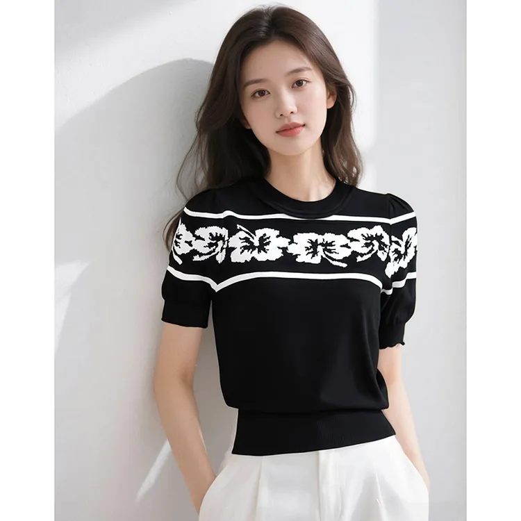 晚白【新品】2025上衣弹力印花弹力针织衫女25041521