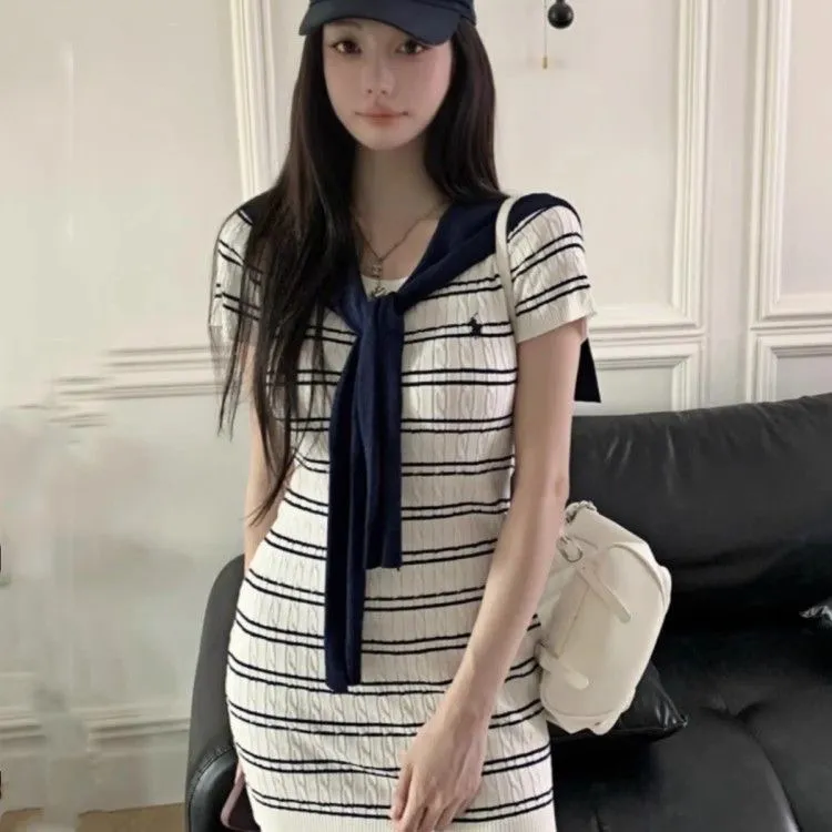 连衣裙休闲风常规袖套头宽松复古条纹小众针织夏季