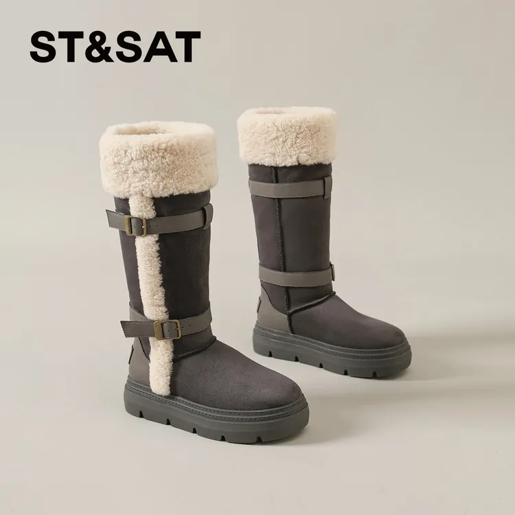 星期六灰色长筒雪地靴女防滑保暖加厚加绒厚底靴子东北雪地棉鞋冬