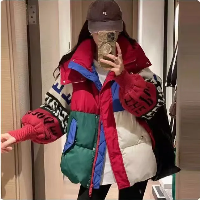 新款拼色欧洲站宽松显瘦撞色连帽针织袖字母设计感冬季学生棉服女