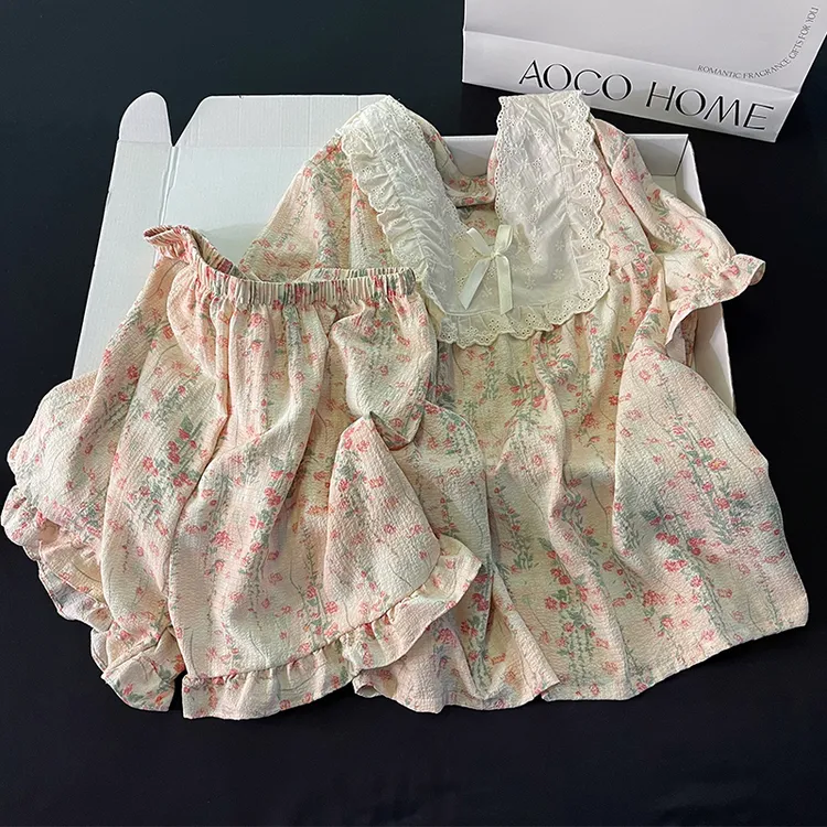 睡衣女夏季新款花朵短袖甜美蝴蝶结日系ins风学生宽松家居服套装