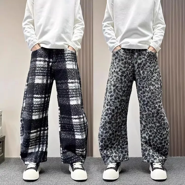 设计感小众粗毛呢复古格子弯刀裤男款秋冬季加厚宽松阔腿休闲裤子