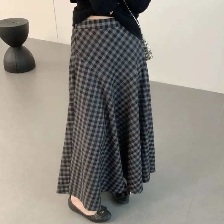 千鸟格时尚秋冬格纹半身裙女士高腰显瘦休闲百搭中长款A字格子裙