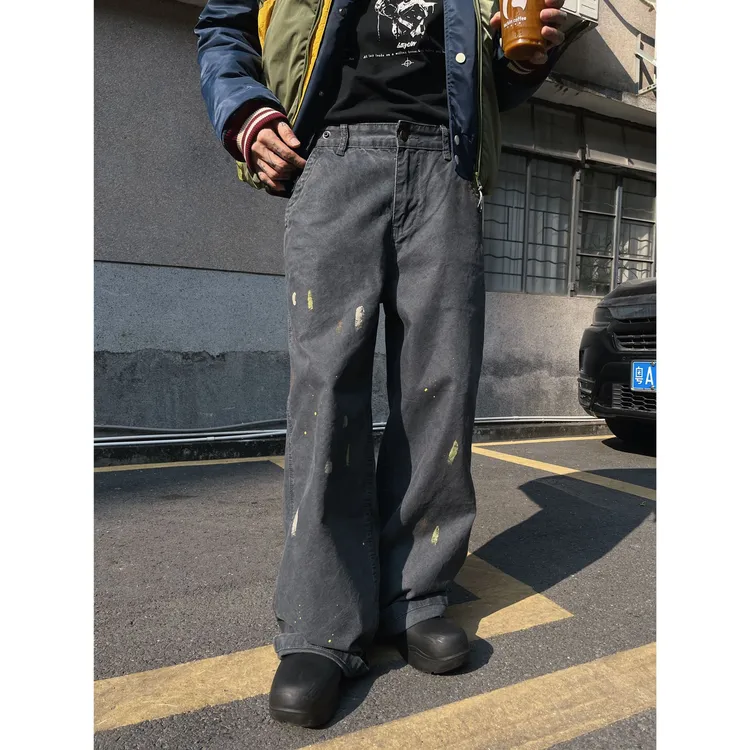 凯尔MAX裤型正！宽松直筒水洗泼墨可调节腰围复古美式重磅工装长裤